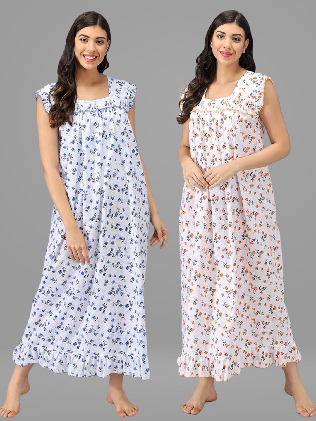 

Shararat Pack of 2 Blue & Orange Pure Cotton Printed Maxi Nightdress