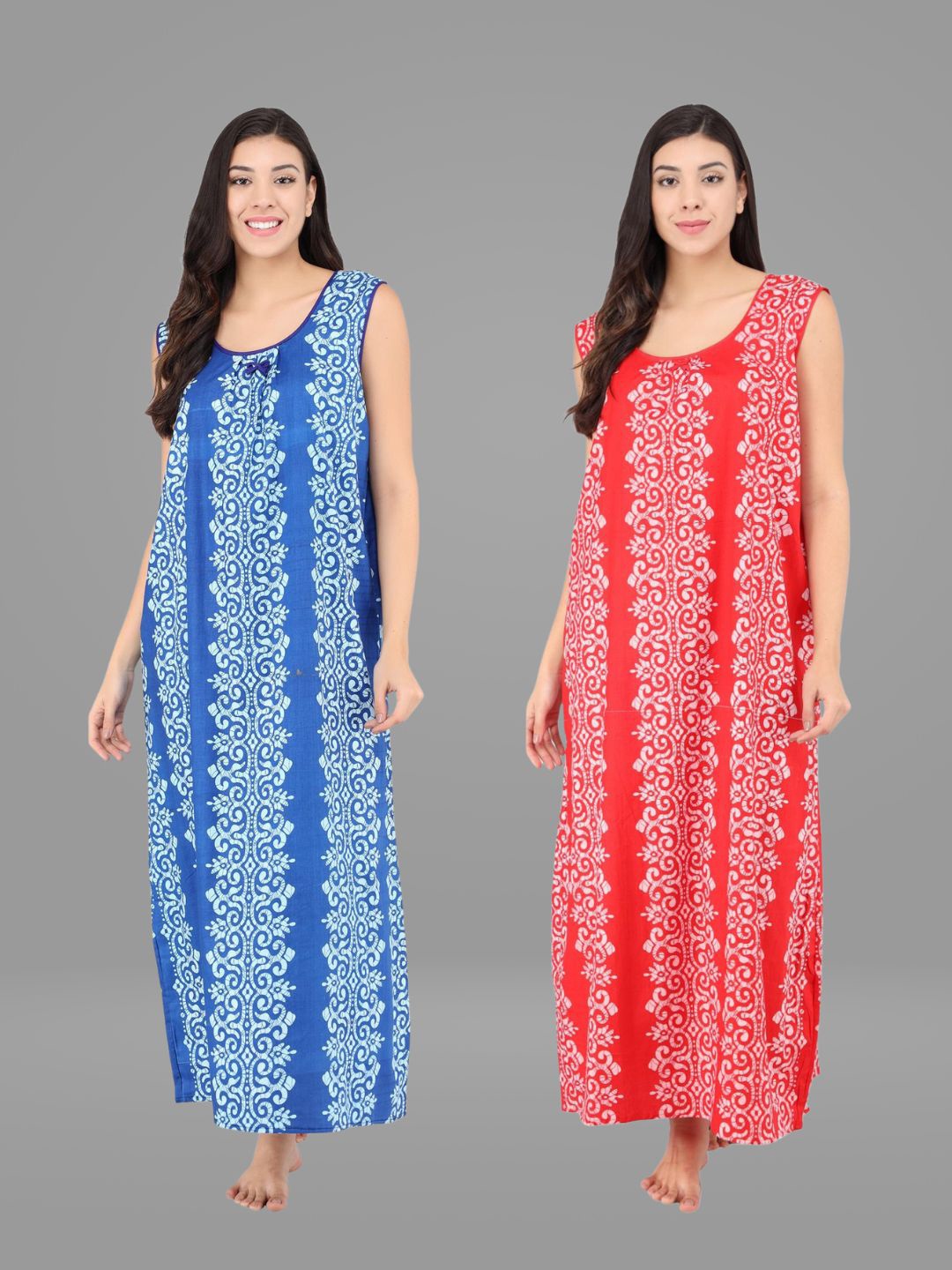 

Shararat Women Blue and Red Pack of 2 Printed Maxi Nightdress