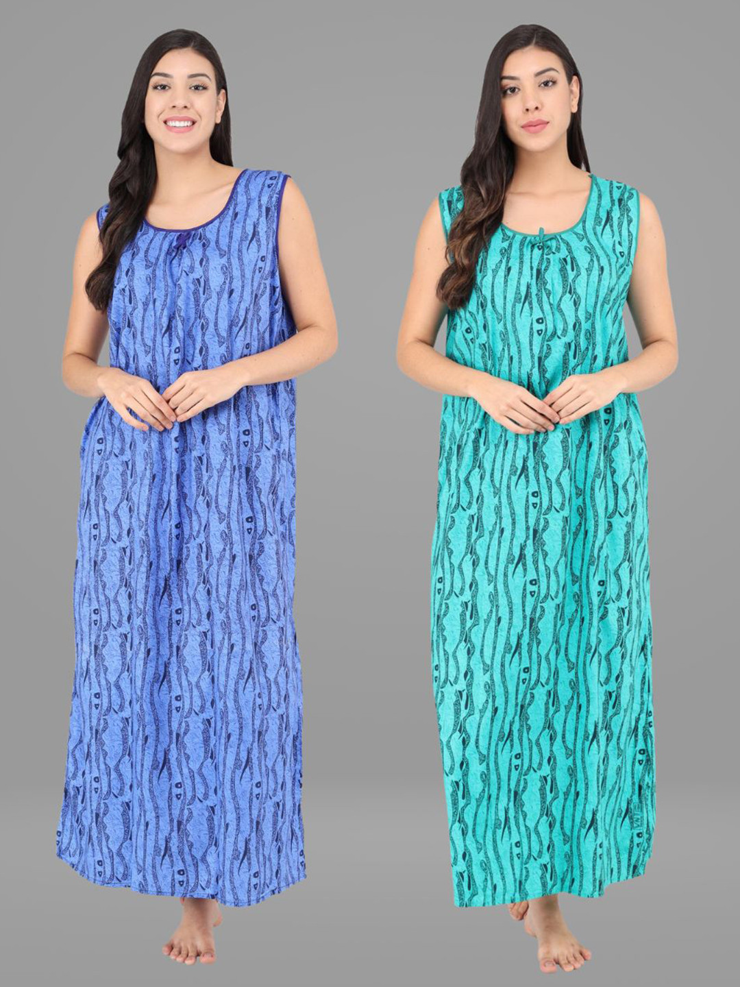 

Shararat Pack of 2 Blue & Green Pure Cotton Printed Maxi Nightdress