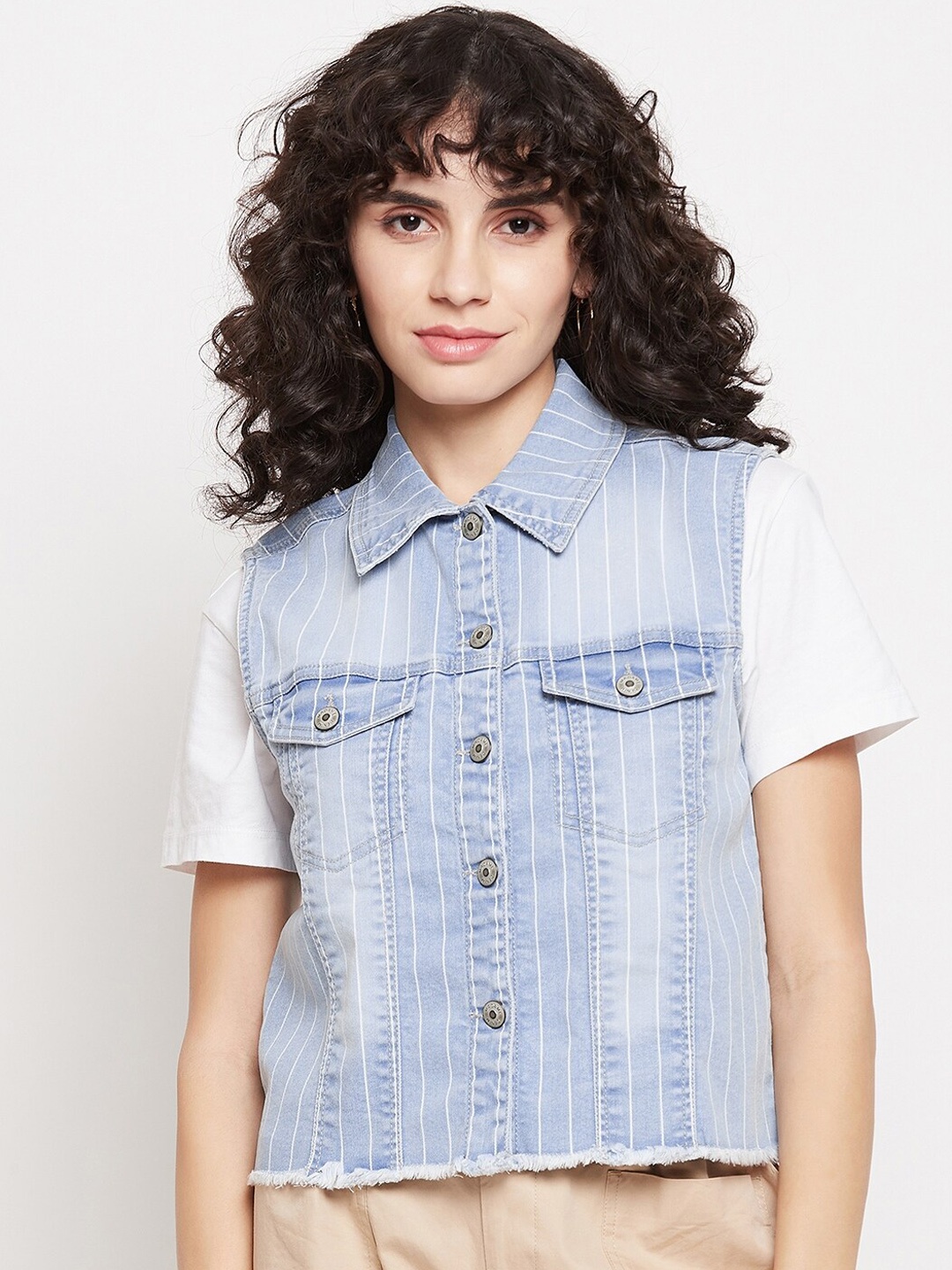 

Madame Women Blue Washed Crop Denim Jacket with Embroidered