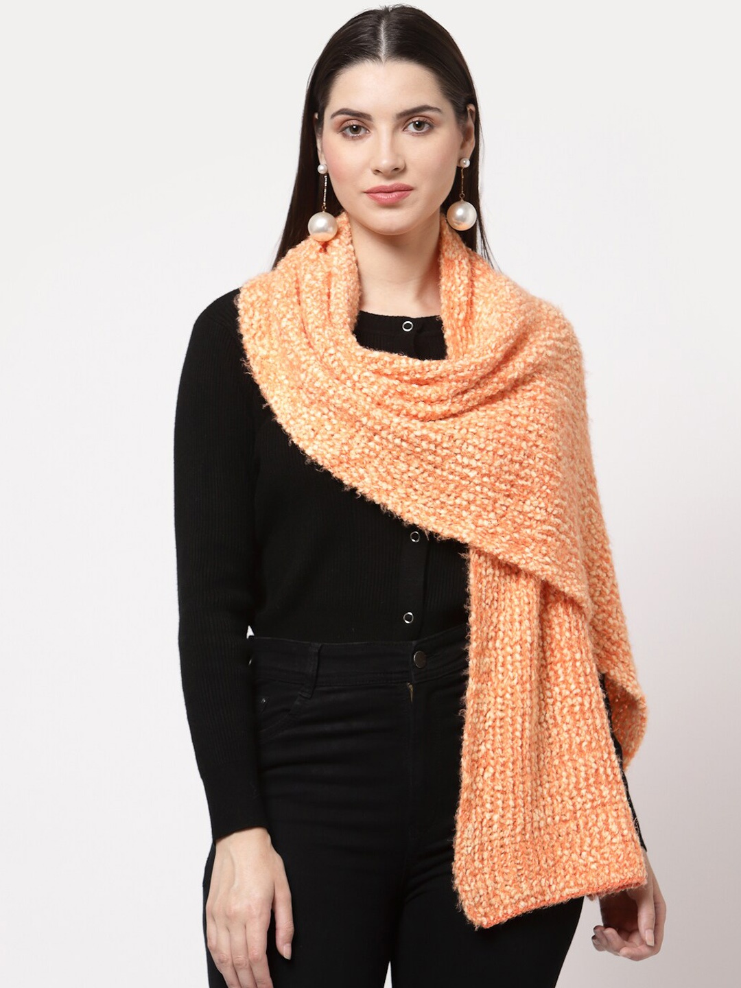 

513 Women Orange Colored Solid Knitted Muffler