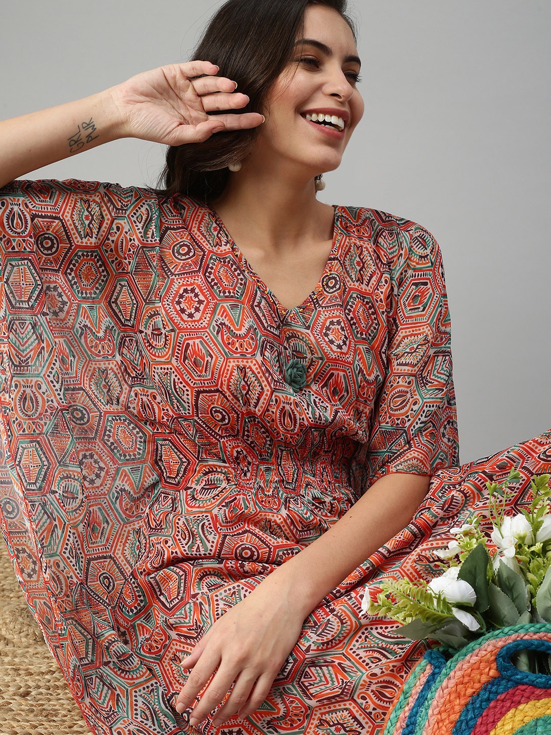 

SHOWOFF Red Chiffon Kaftan Midi Dress
