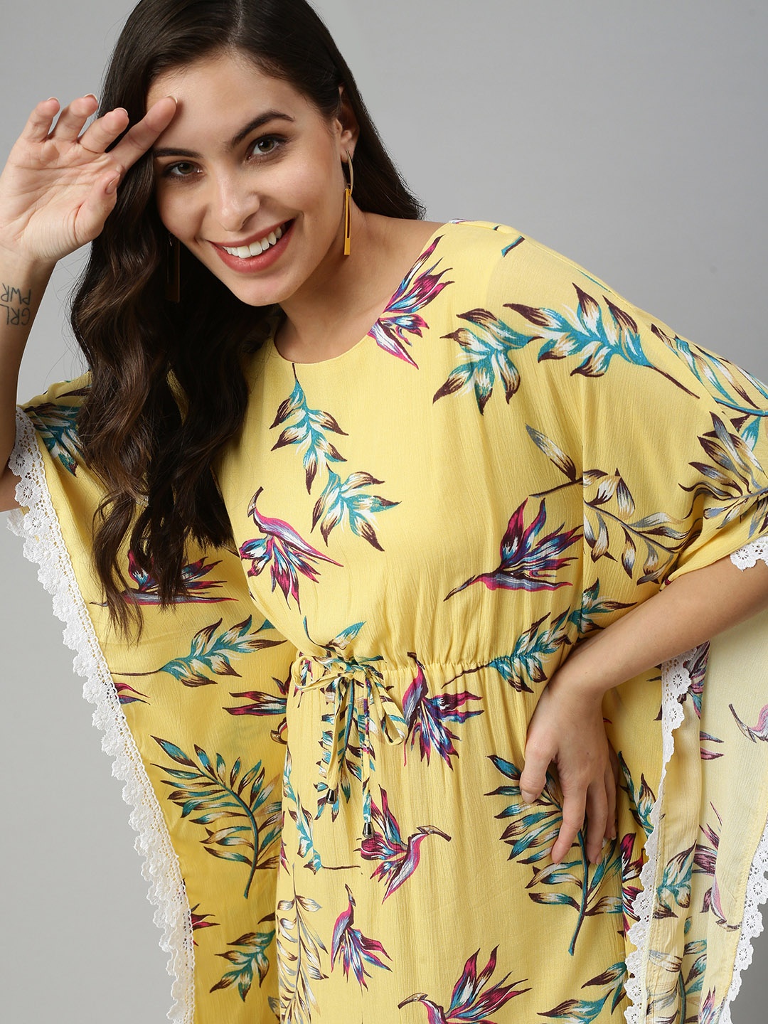 

SHOWOFF Yellow & Purple Tropical Kaftan Dress