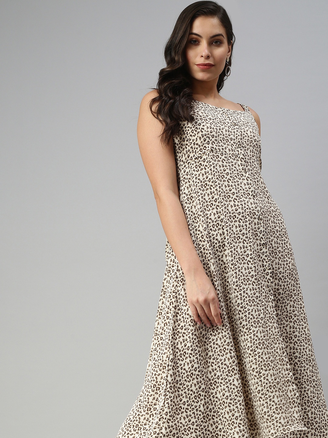 

SHOWOFF Women Beige Animal Printed A-Line Midi Dress