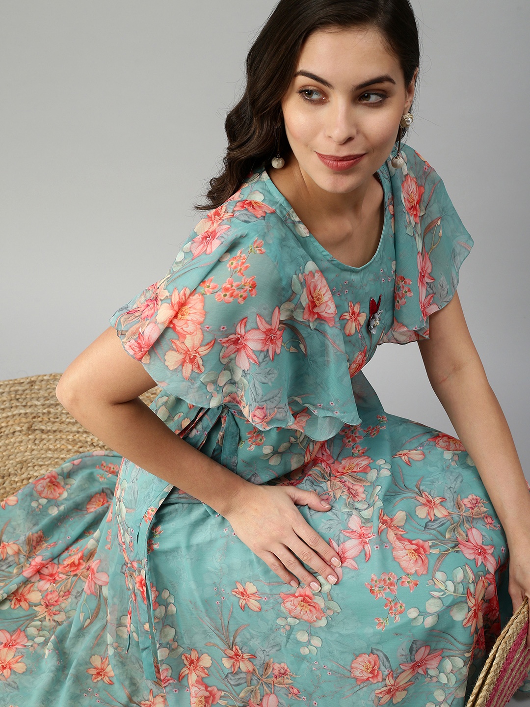 

SHOWOFF Sea Green Floral Fit and Flare Dress