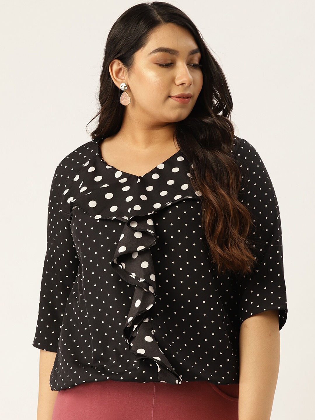 

theRebelinme Plus Size Women Black Print Ruffles Crepe Top