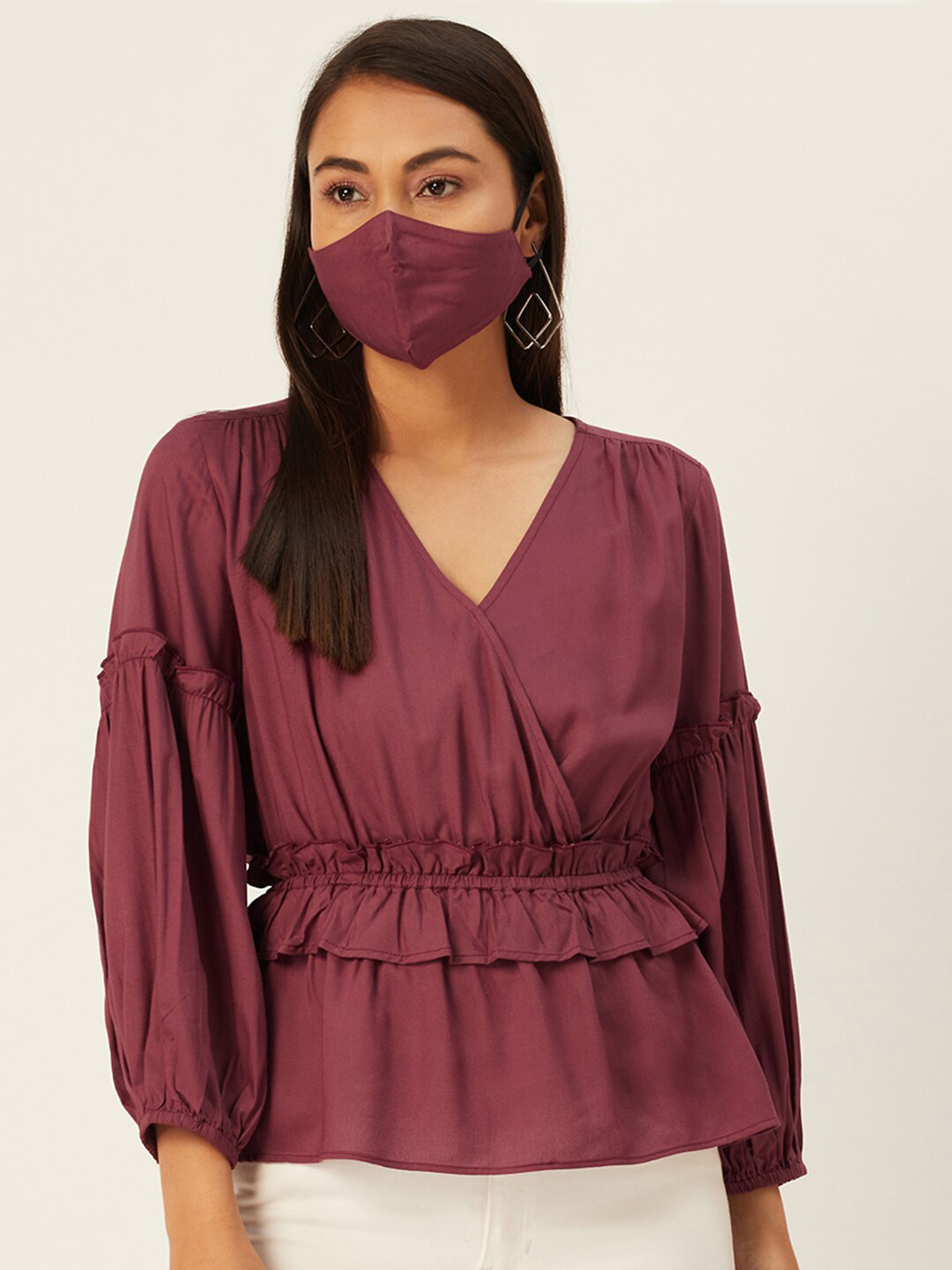 

Sangria Women Brown Solid Cinched-Waist Schiffli Tops