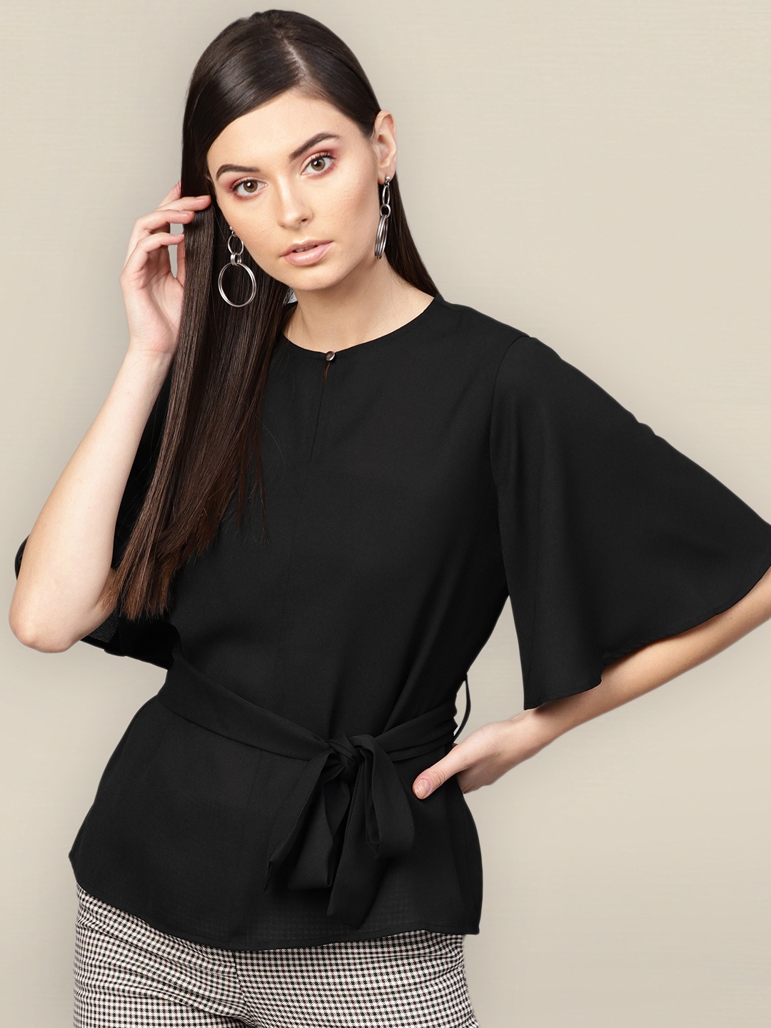 

Sangria Black Flared Sleeve Tie-Up Top