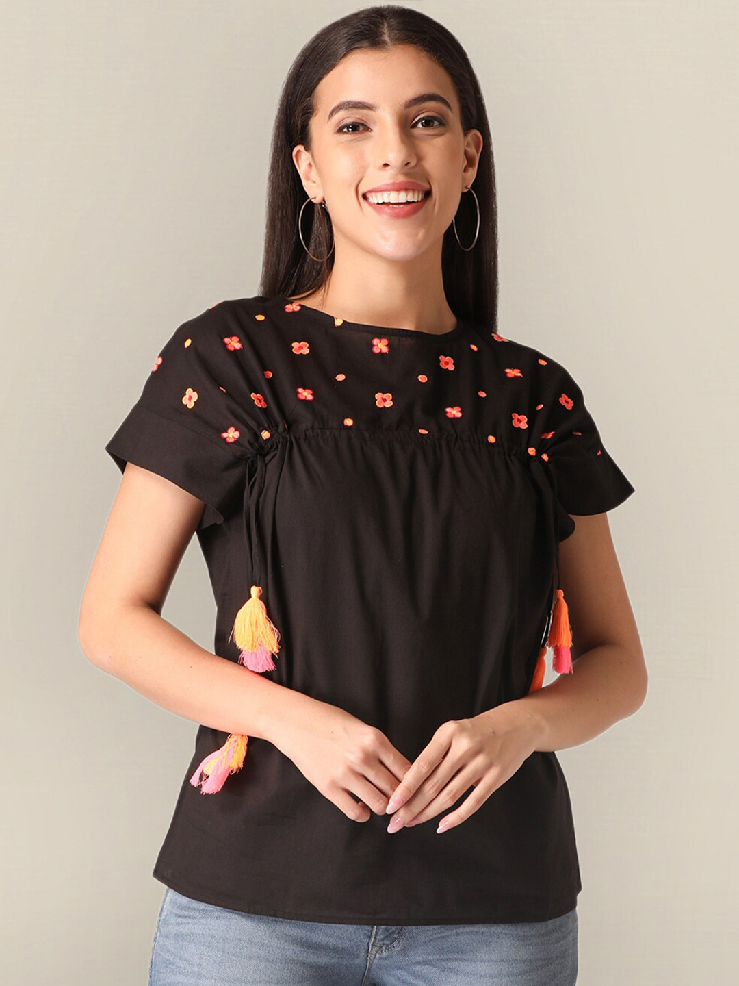 

Sangria Black & Orange Floral Top