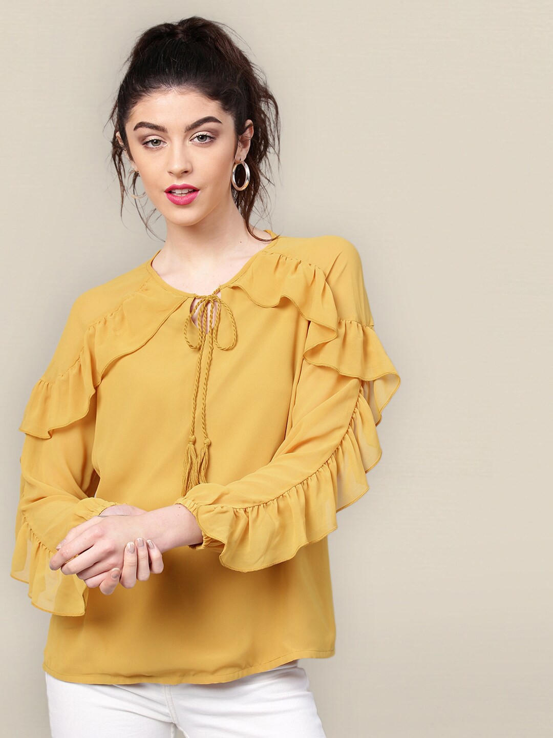 

Sangria Women Mustard Yellow Tie-Up Neck Ruffles Top
