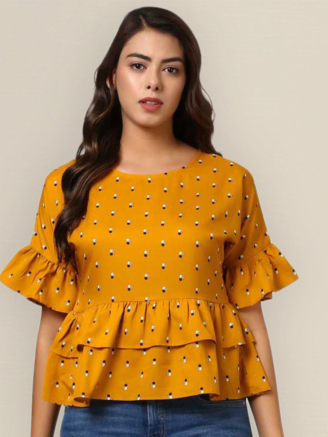 

Sangria Women Yellow Printed Peplum Top