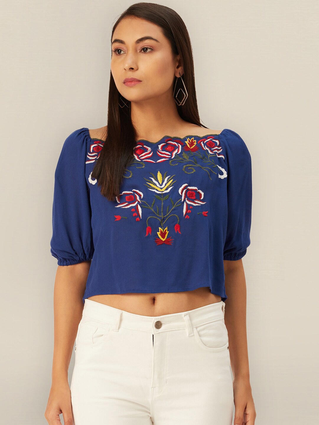

Sangria Navy Blue Floral Embroidered Boxy Crop Top