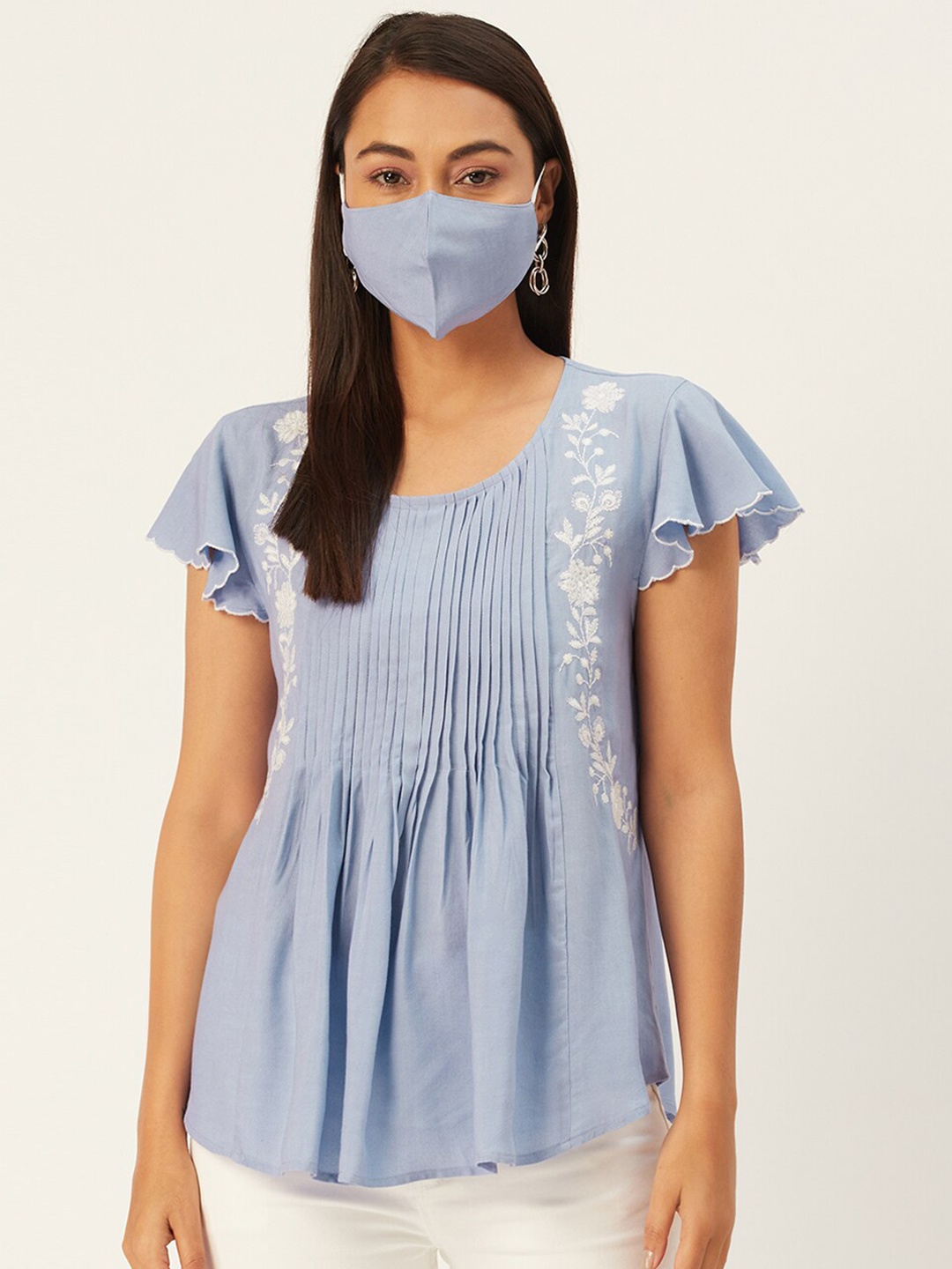 

Sangria Blue & White Floral Embroidered Top