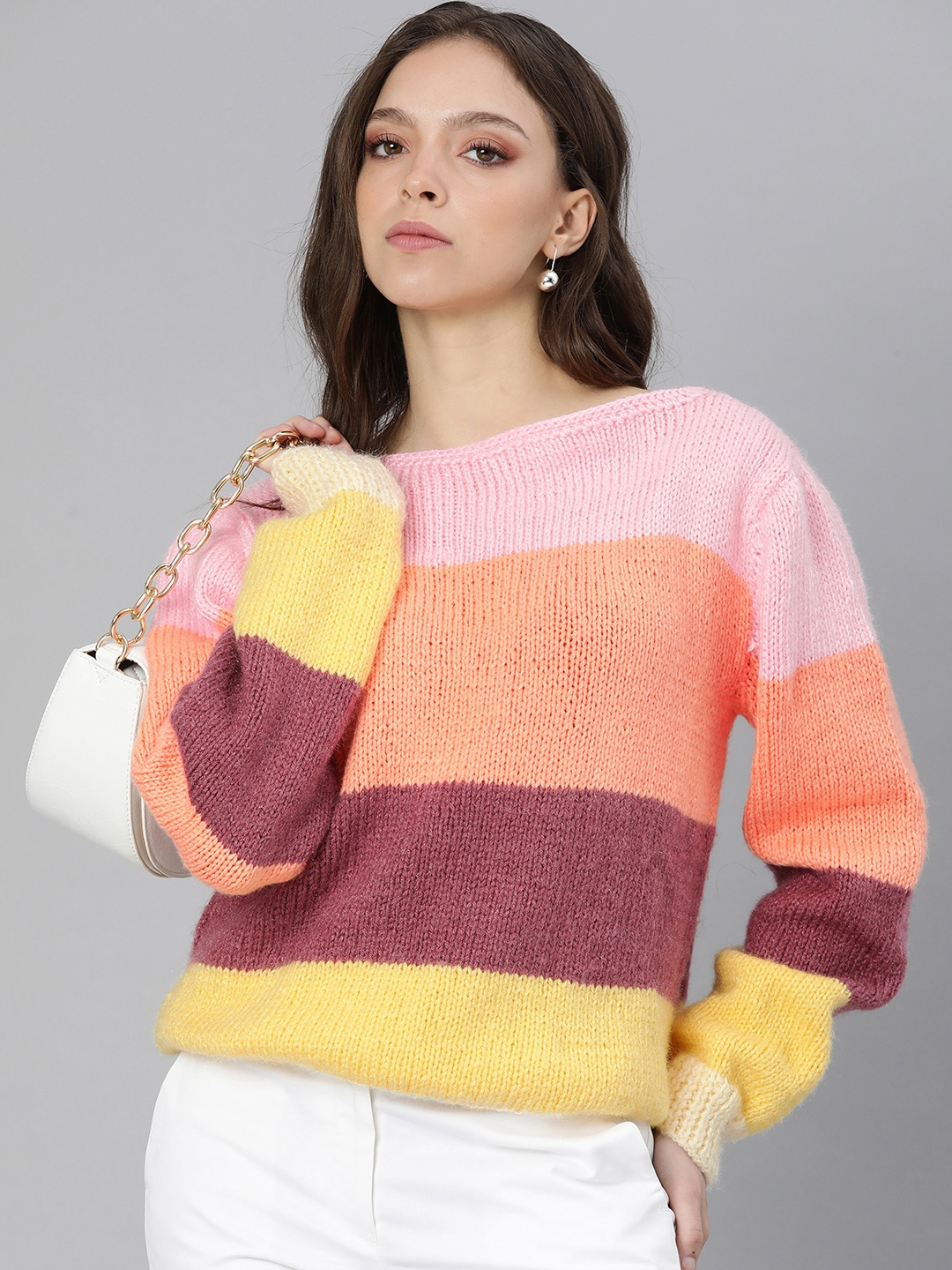 

Magic Needles Women Peach-Coloured & Burgundy Colourblocked Pullover