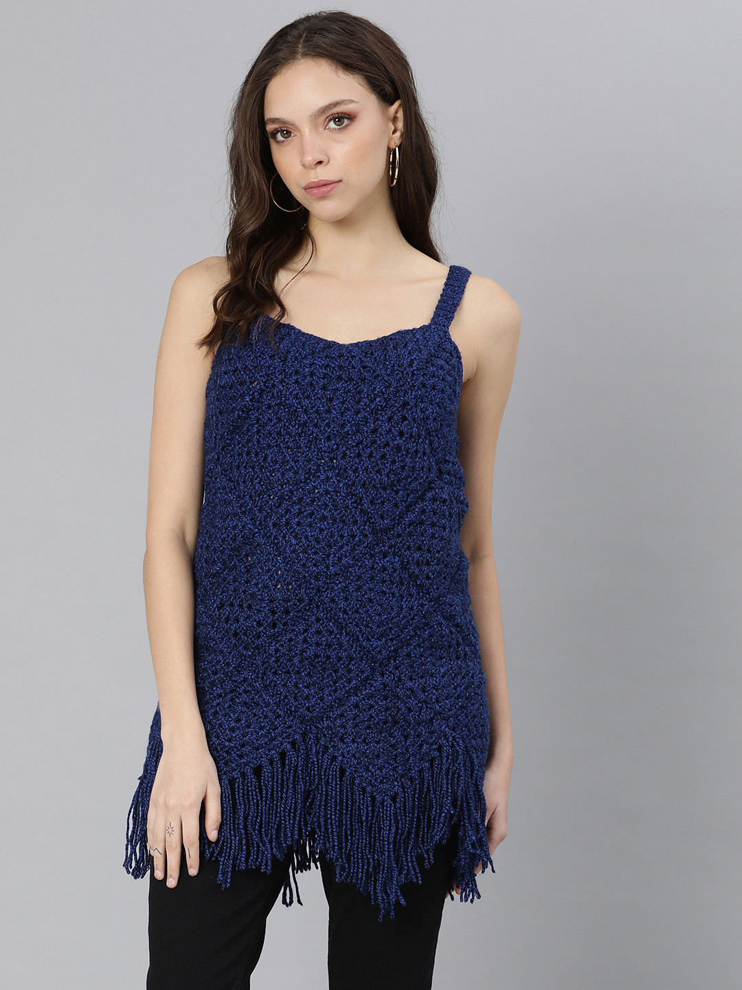 

Magic Needles Women Navy Blue Self Design Longline Top