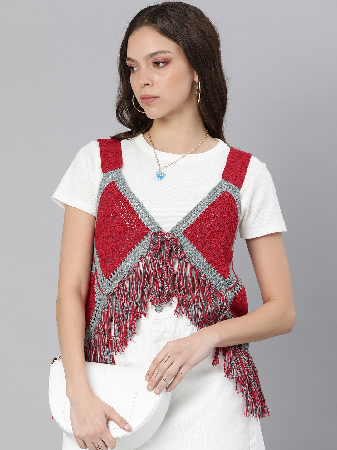 

Magic Needles Red & Grey Fringed High-Low Pure Cotton Crop Top