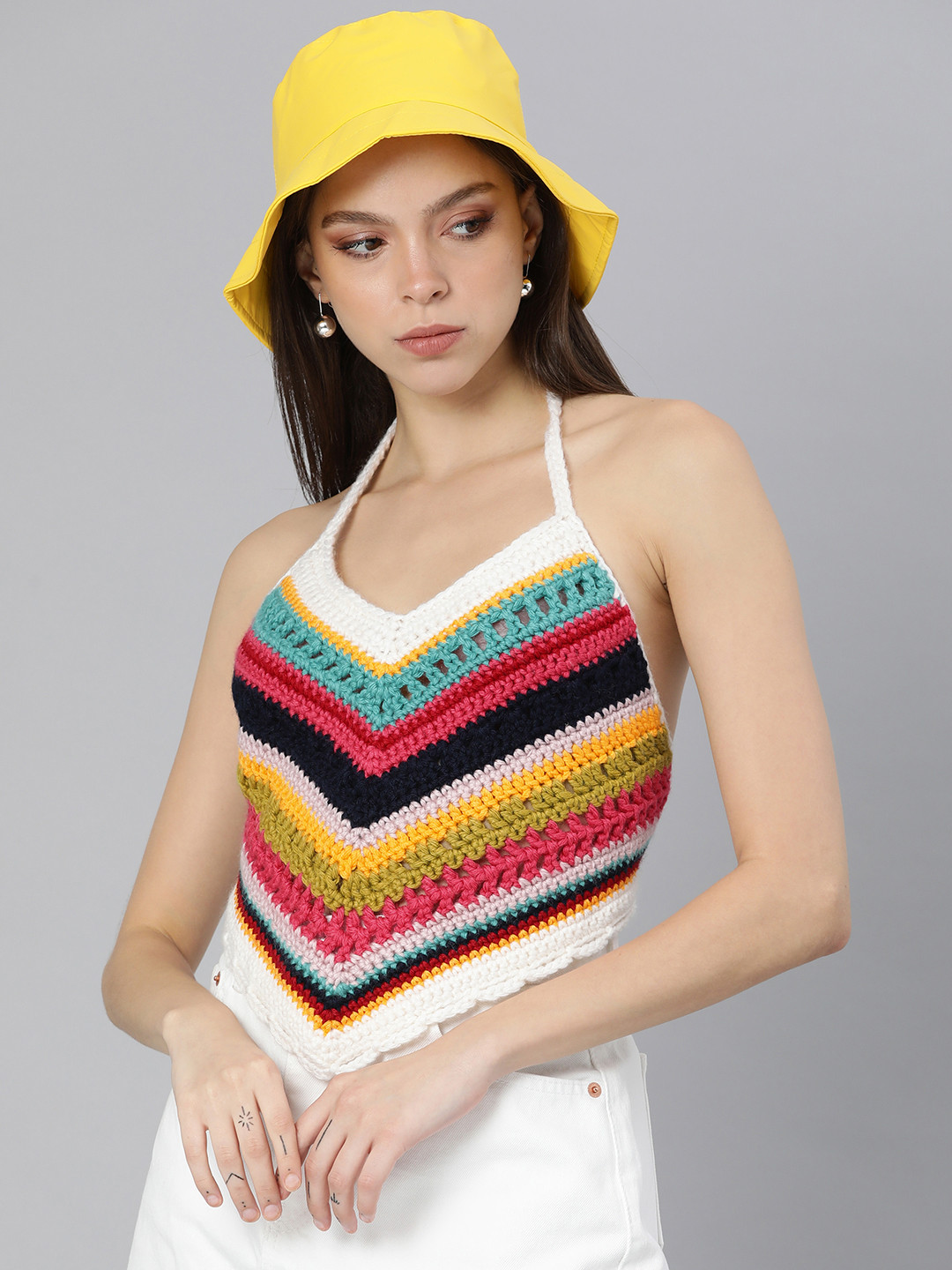 

Magic Needles White & Black Striped Halter Neck Backless Crop Top