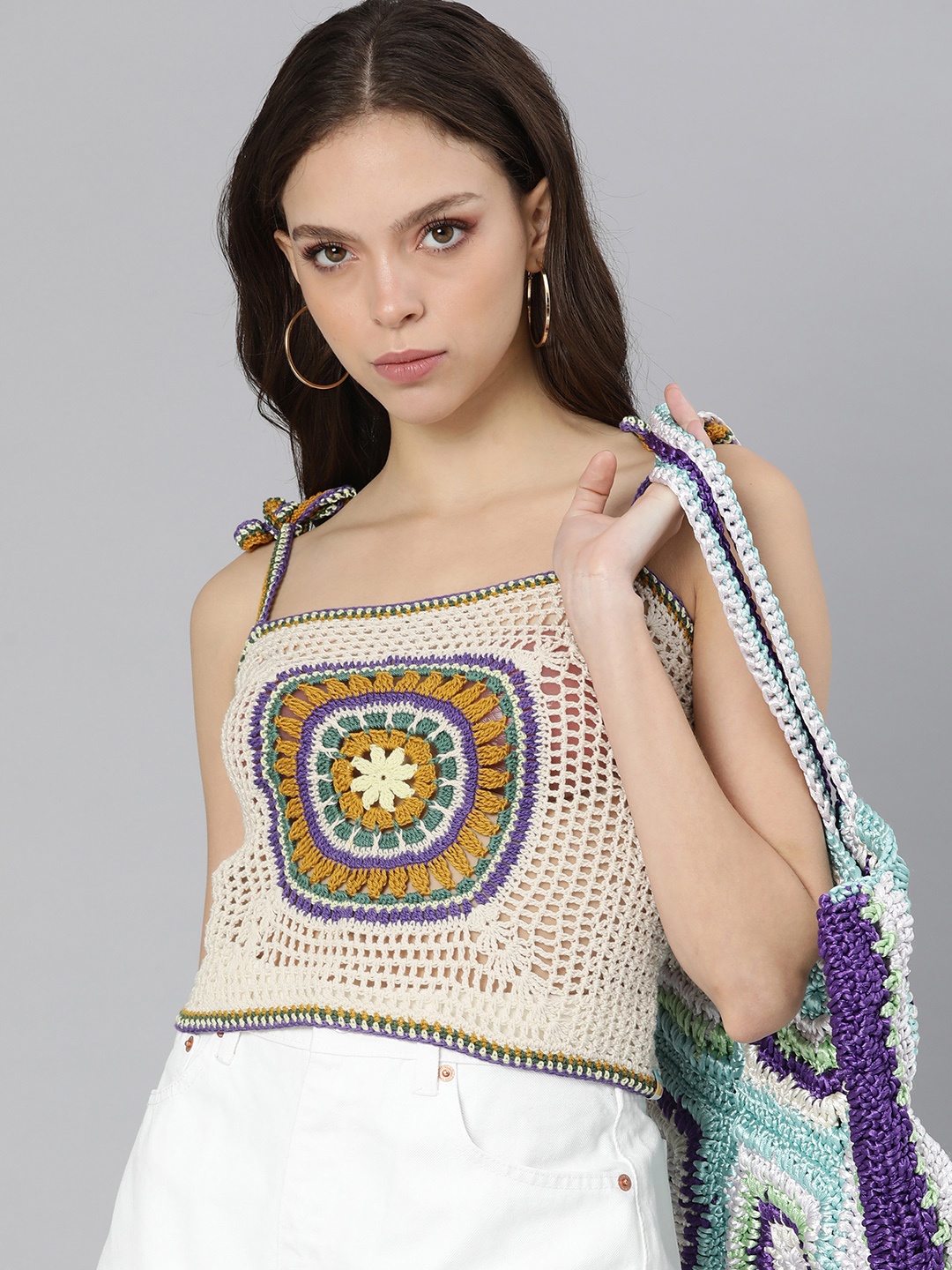 

Magic Needles Cream-Coloured & Mustard Yellow Geometric Styled Back Crop Top