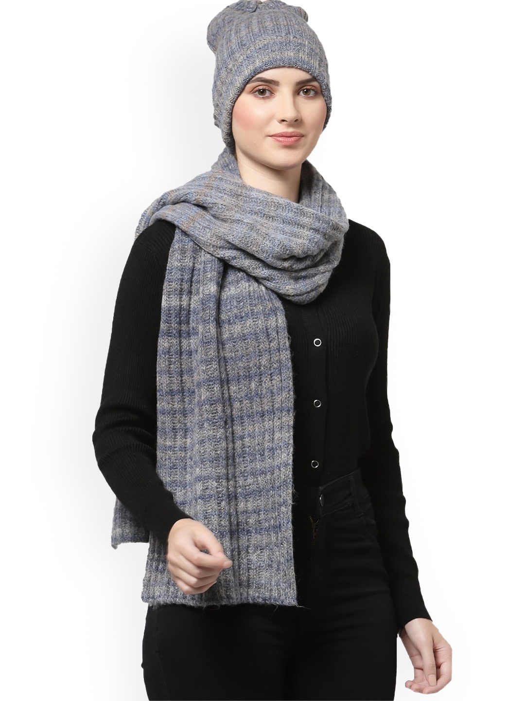 

513 Women Blue & Grey Knitted Cap & Mufflers