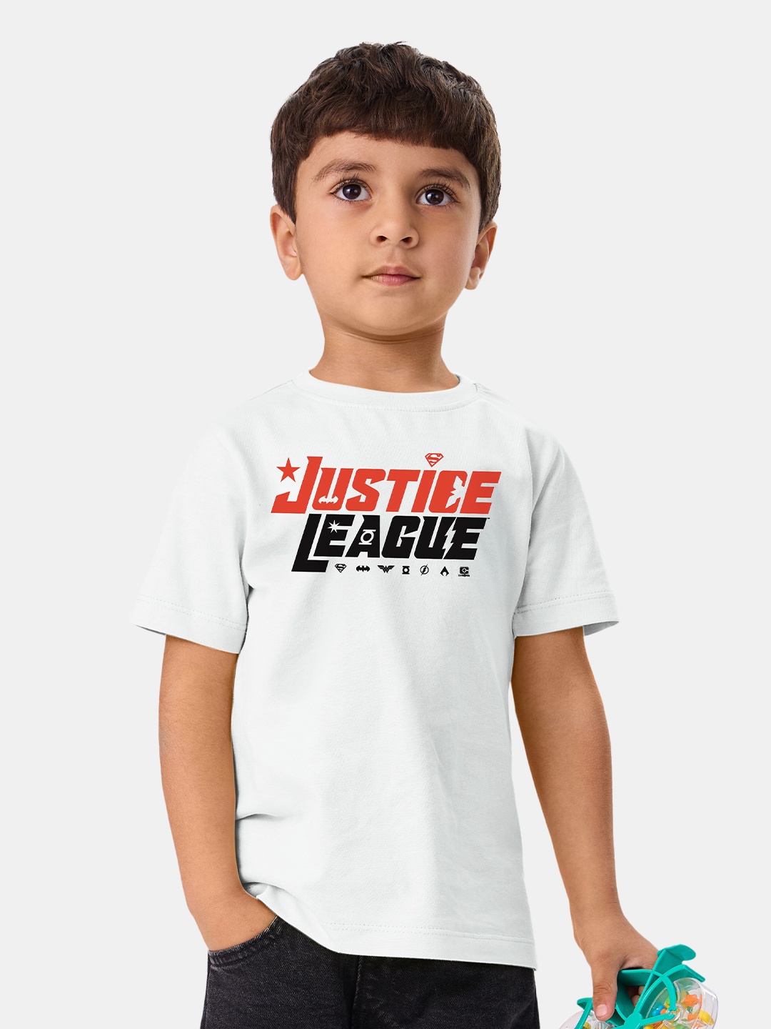 

The Souled Store Boys White Justice League Printed Cotton T-shirt