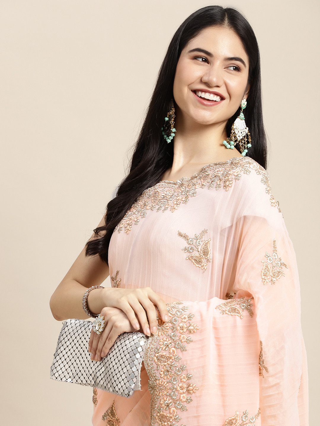 

Pothys Pink Ethnic Motifs Embroidered Pure Chiffon Saree