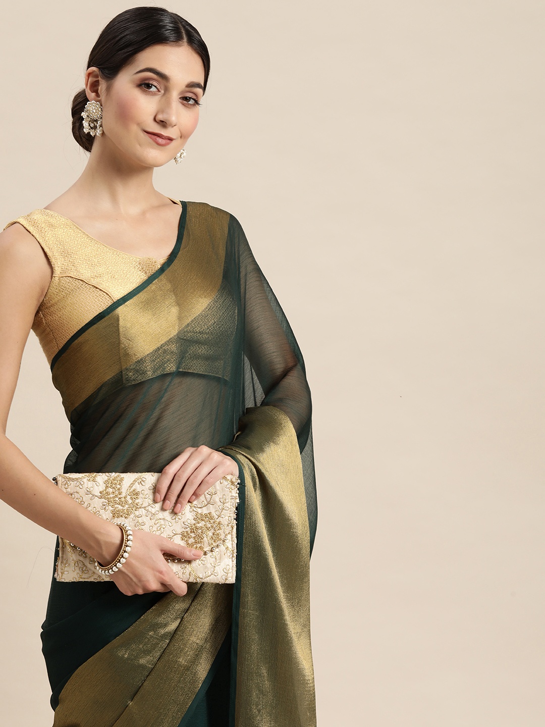 

Pothys Green & Gold-Toned Pure Chiffon Saree