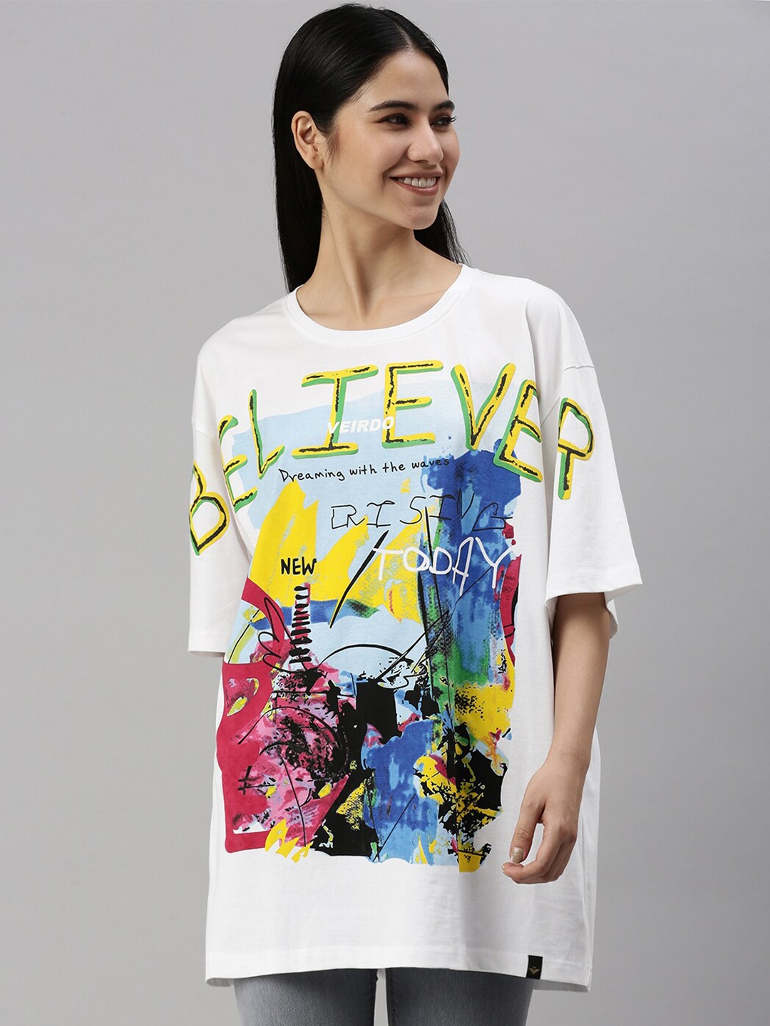 

VEIRDO Women White Printed Oversize T-shirt