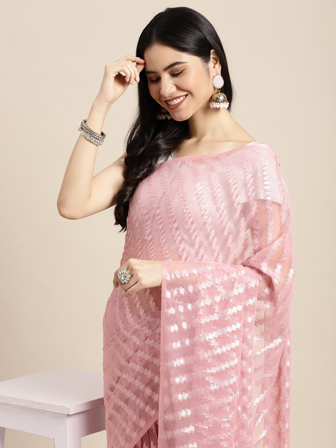 

Pothys Pink Striped Pure Chiffon Saree