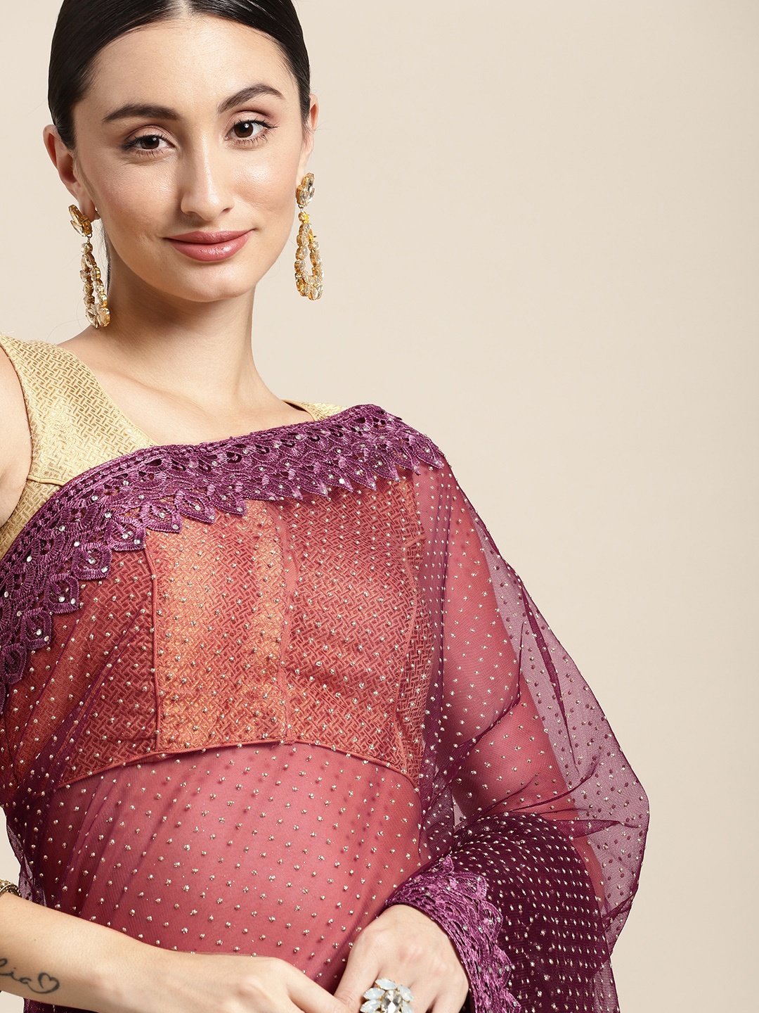 

Pothys Purple Beads and Stones Embellished Net Saree