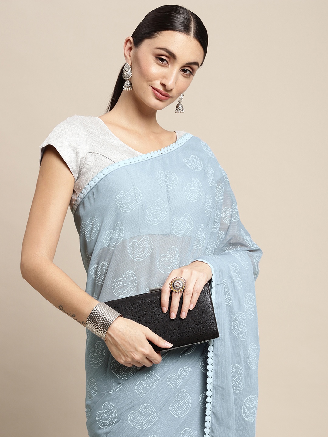 

Pothys Grey & White Paisley Pure Chiffon Saree