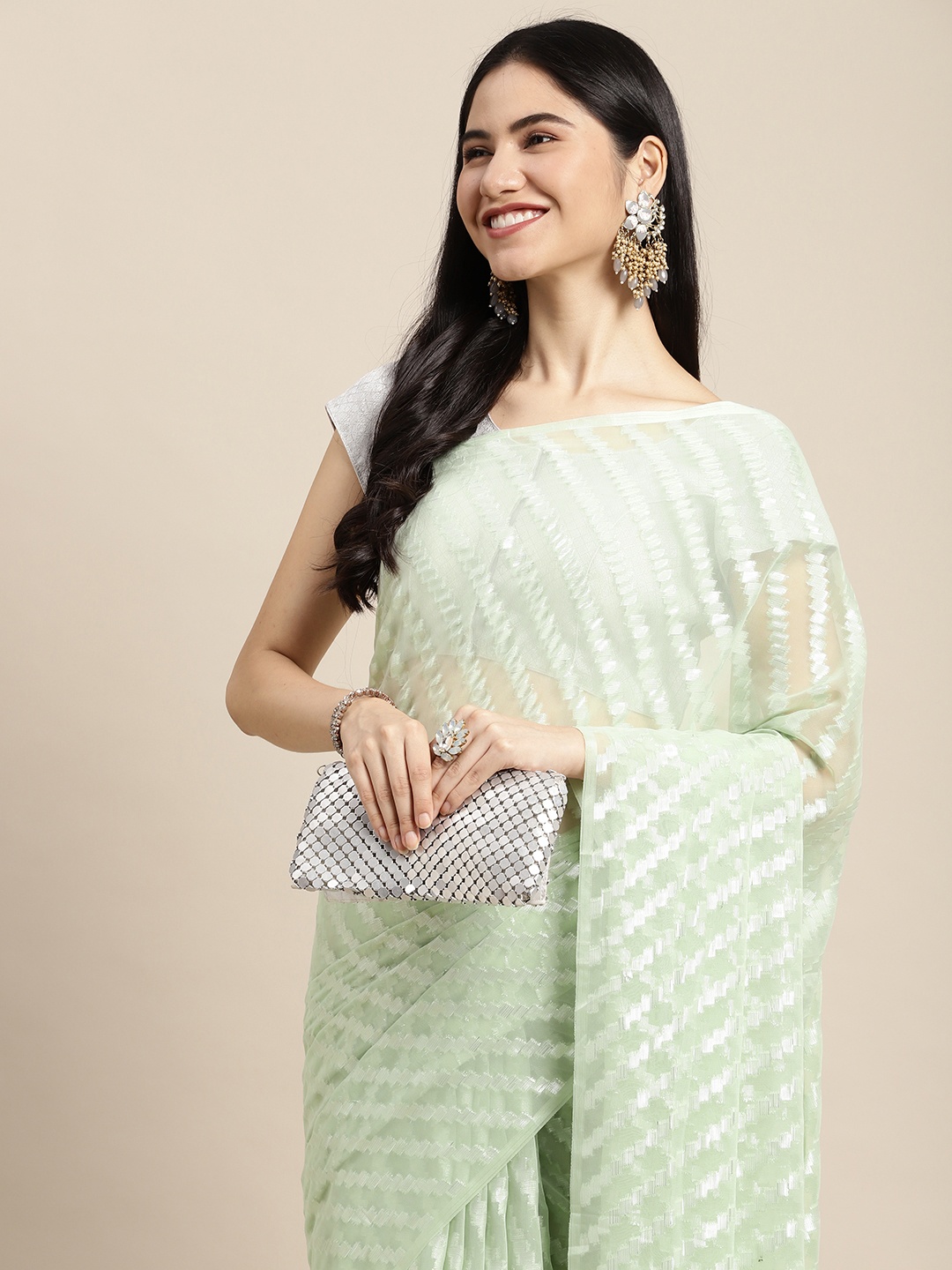 

Pothys Green Striped Pure Chiffon Saree