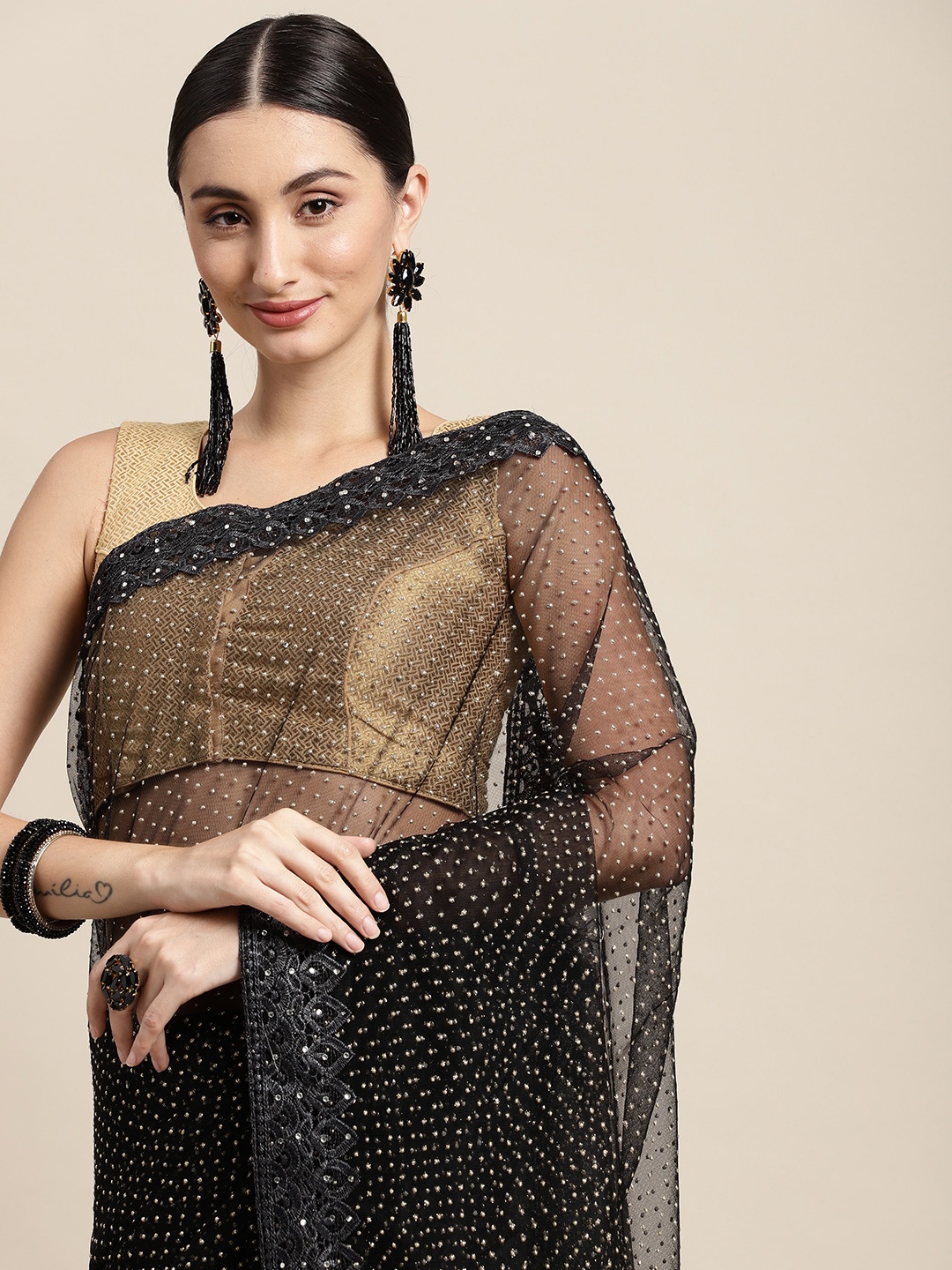 

Pothys Black Beads and Stones Embellished Net Saree