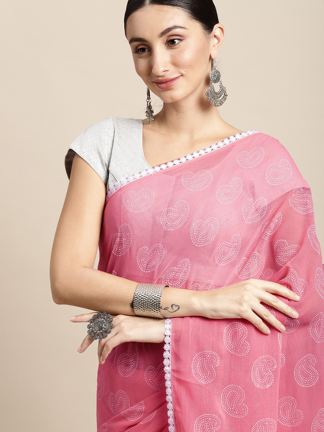 

Pothys Pink & White Paisley Pure Chiffon Saree