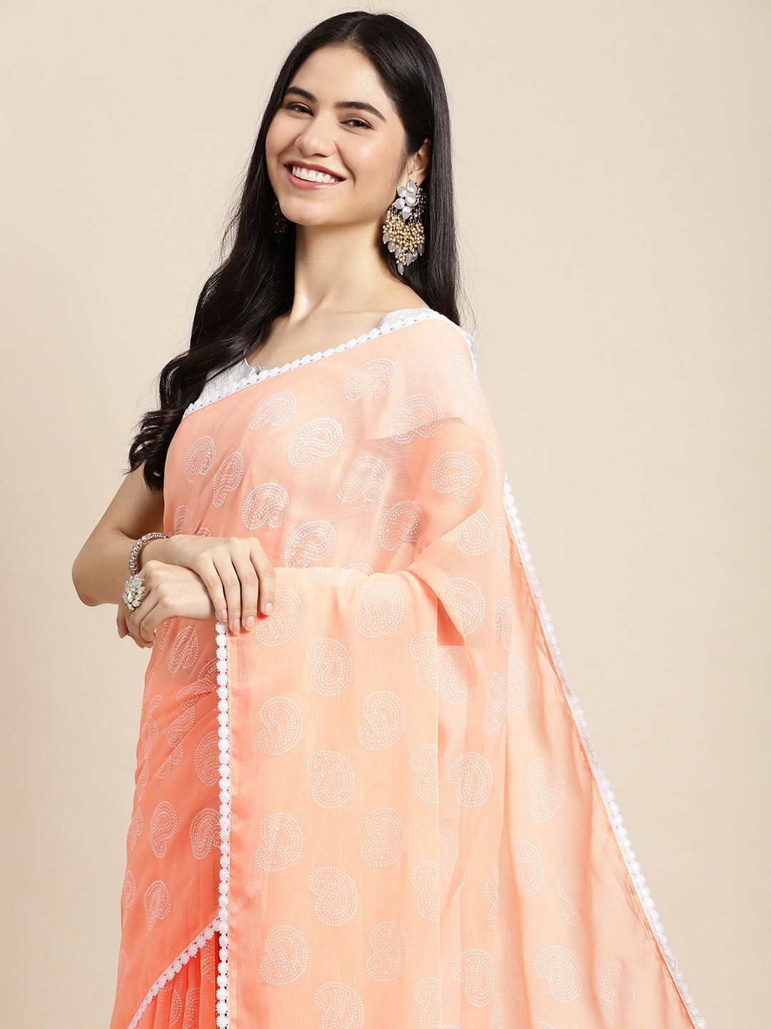 

Pothys Peach-Coloured Paisley Pure Chiffon Saree