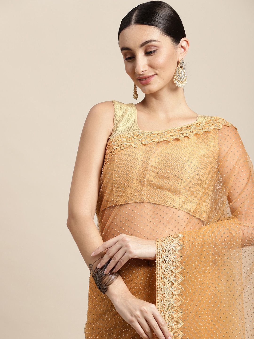 

Pothys Golden Beads and Stones Embellished Net Saree, Gold