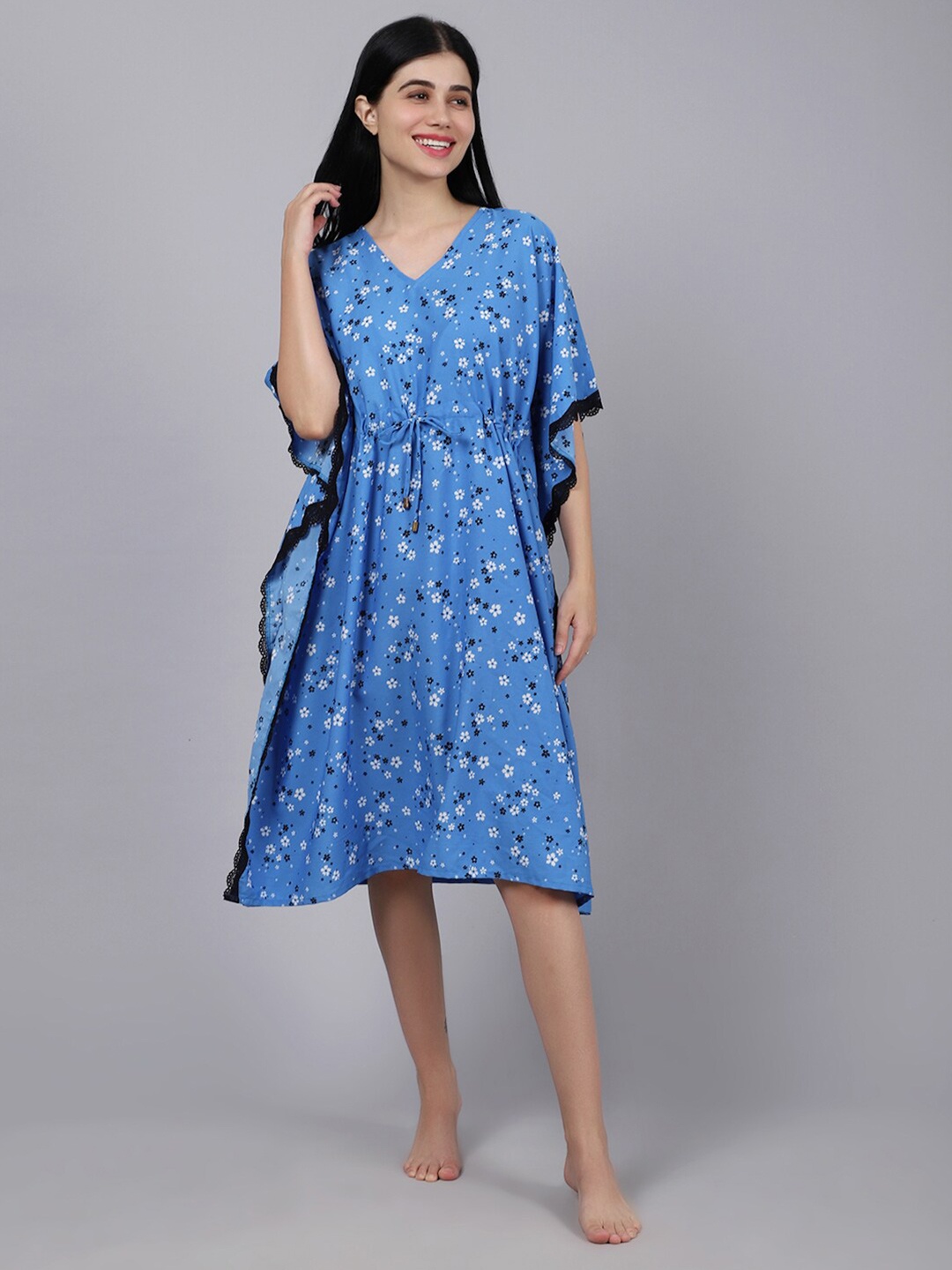 

EROTISSCH Blue Floral Printed Kaftan Nightdress