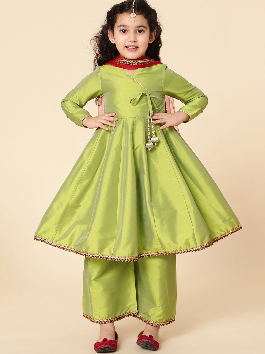 

A T U N Girls Lime Green Angrakha Kurta with Trousers & With Dupatta