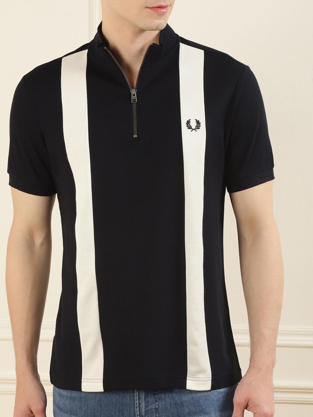 

Fred Perry Men Black & White Striped Polo Collar Cotton T-shirt