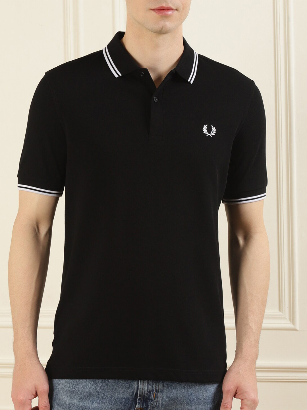 

Fred Perry Men Black Polo Collar Cotton T-shirt