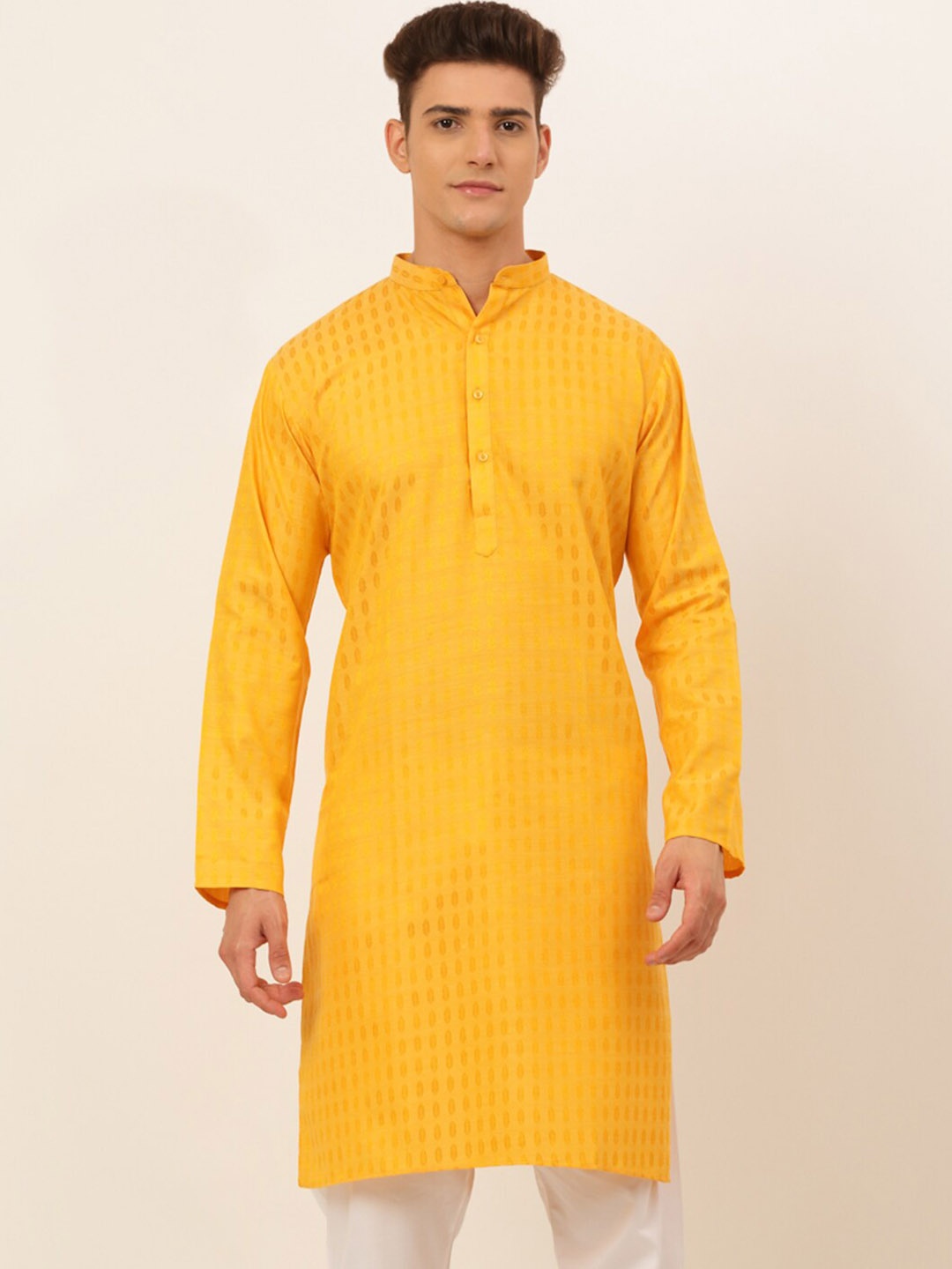 

Jompers Men Mustard Yellow Cotton Silk Kurta