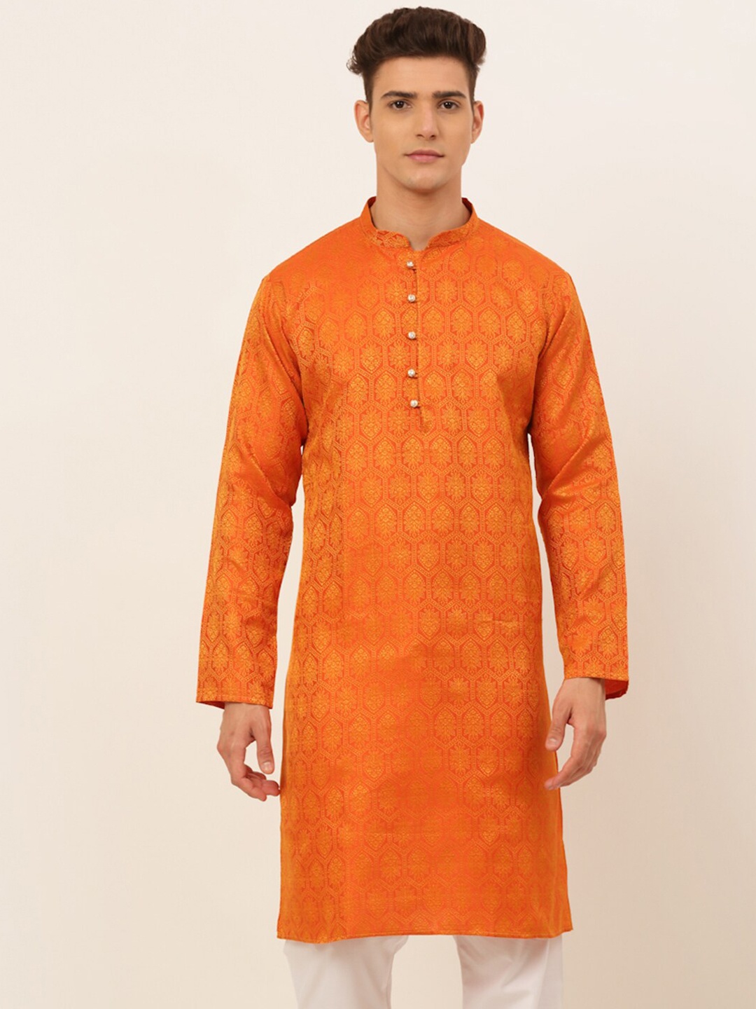 

Jompers Men Orange Woven Design Jacquard Kurta