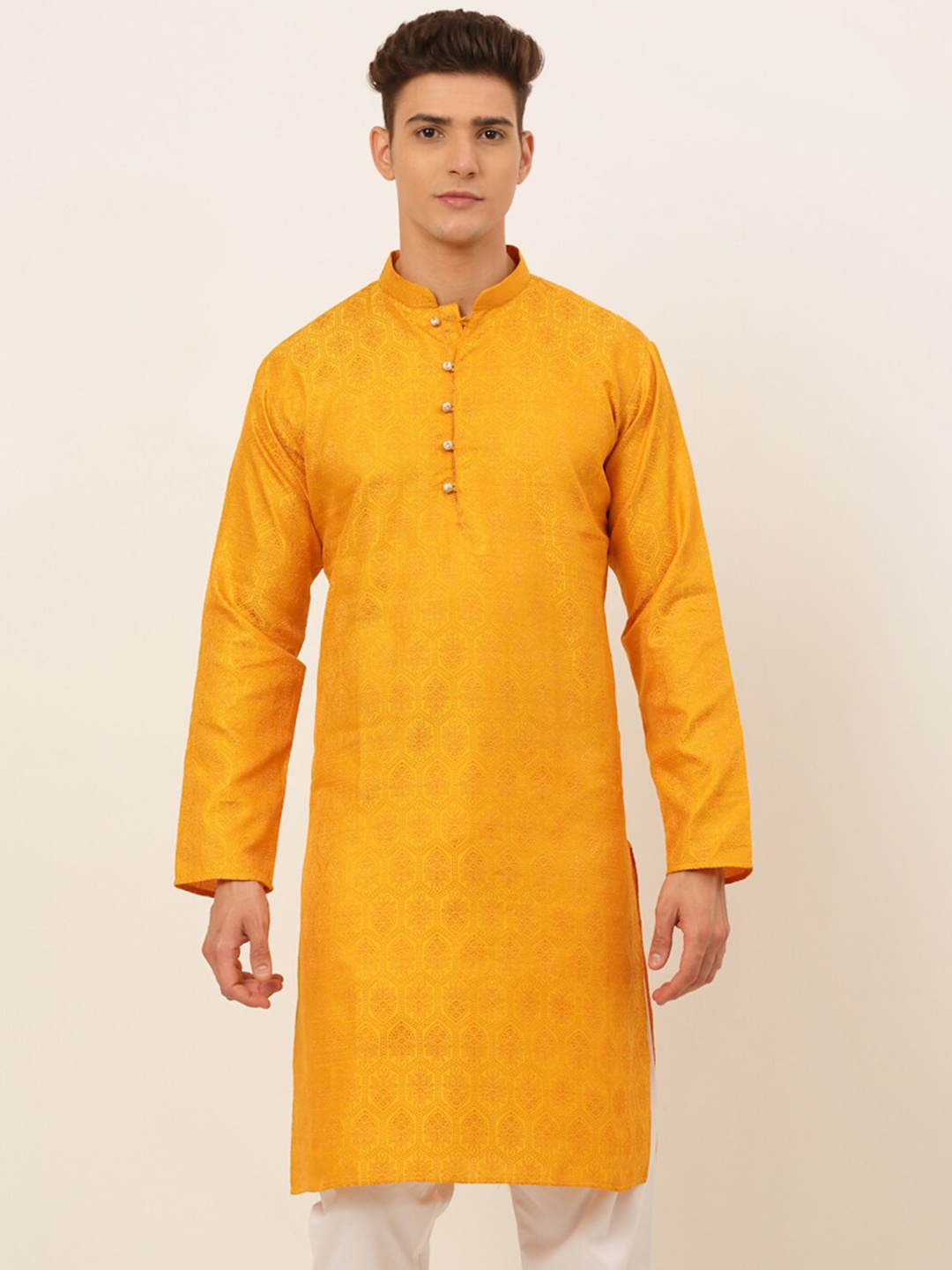 

Jompers Men Mustard Yellow Jacquard Kurta