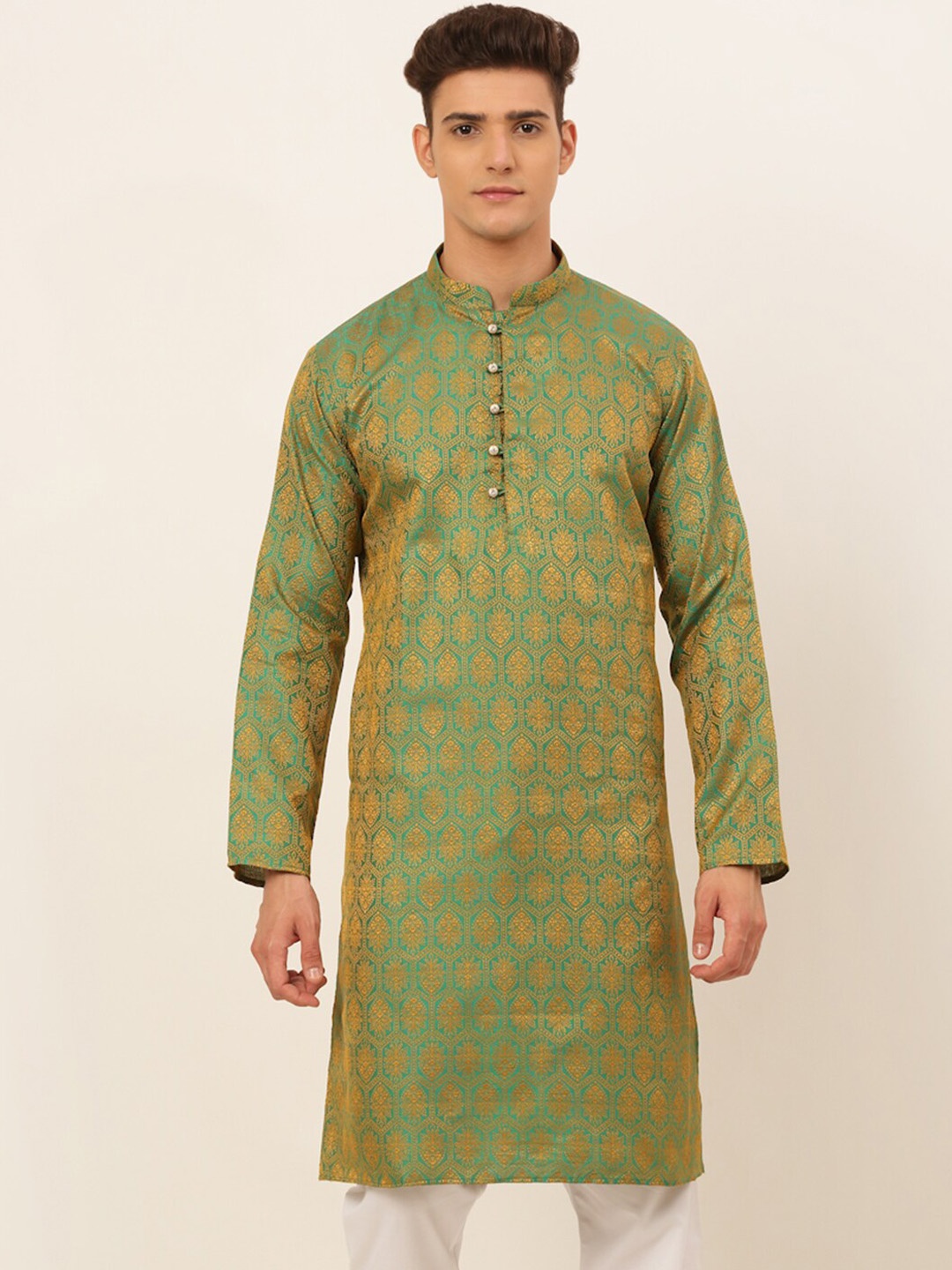 

Jompers Men Green & Gold Woven Design Thread Work Jacquard Kurta