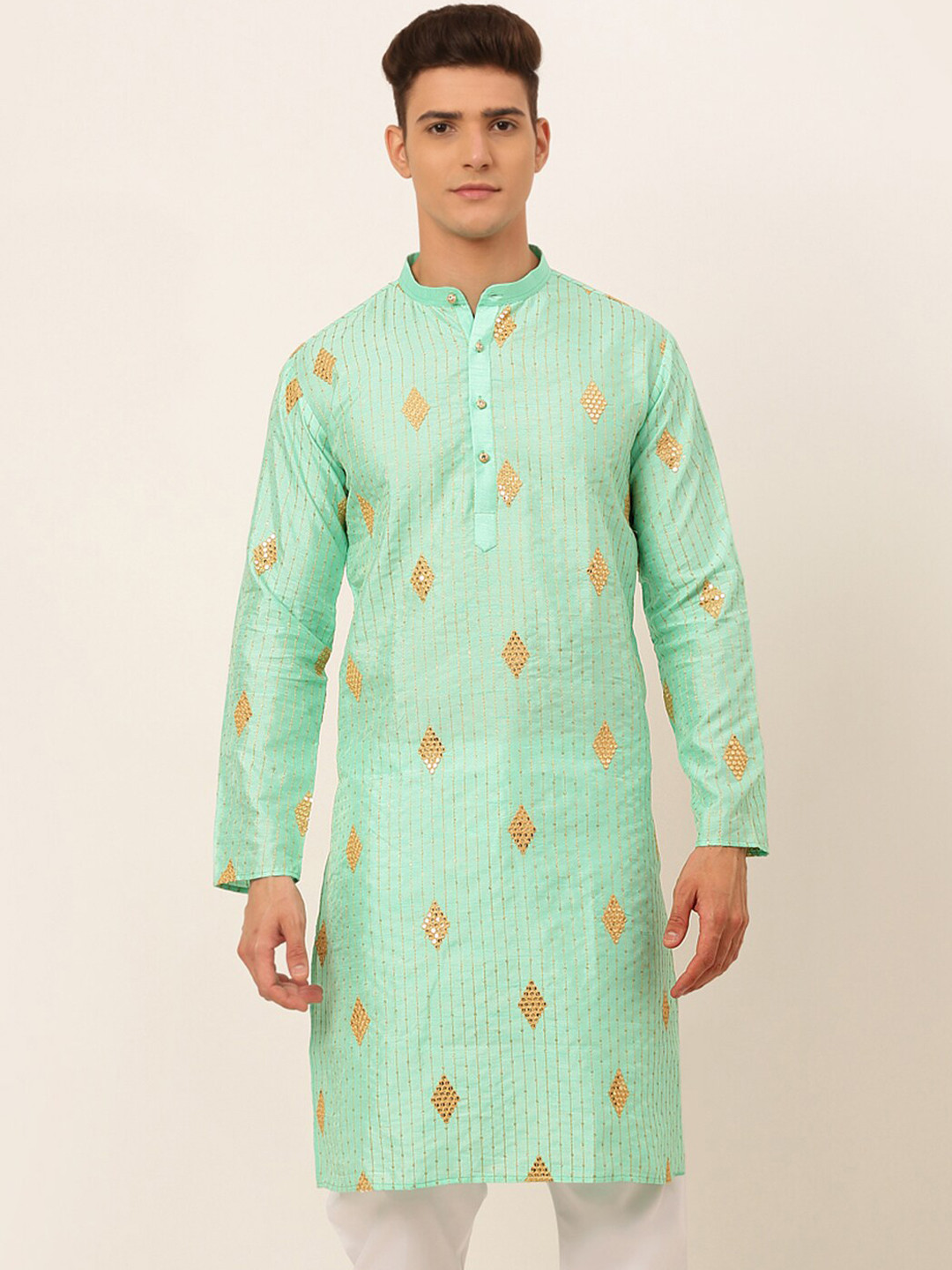 

Jompers Men Turquoise Blue Geometric Embroidered Mirror Work Kurta