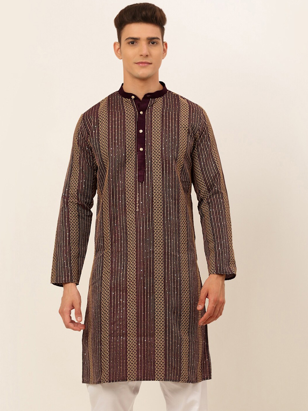 

Jompers Men Purple Striped Flared Sleeves Thread Work Kurta