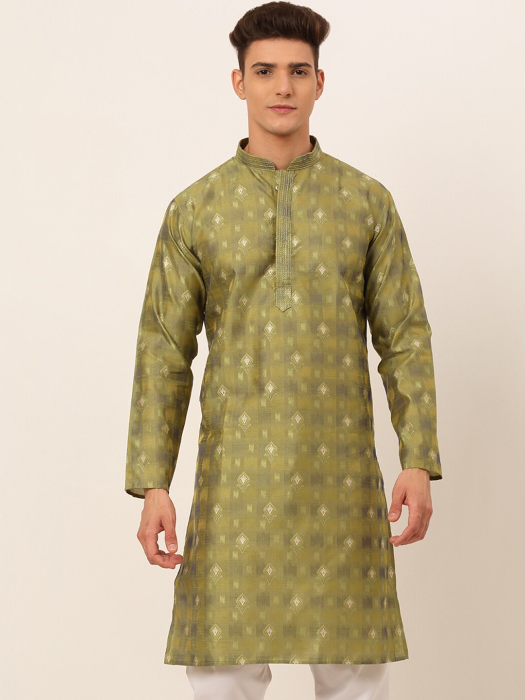 

Jompers Men Green & White Geometric Printed Kurta