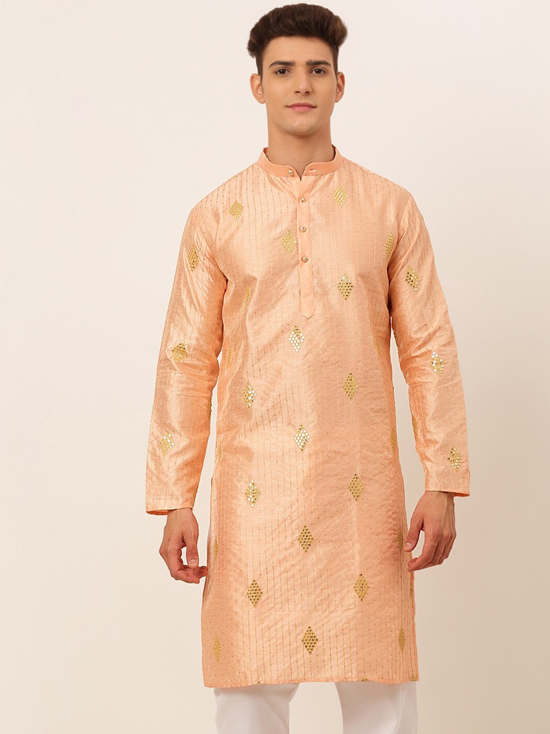 

Jompers Men Peach-Coloured Thread Work Kurta