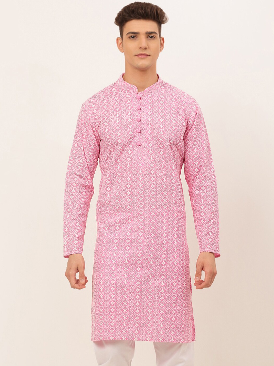 

Jompers Men Pink Ethnic Motifs Embroidered Thread Work Kurta