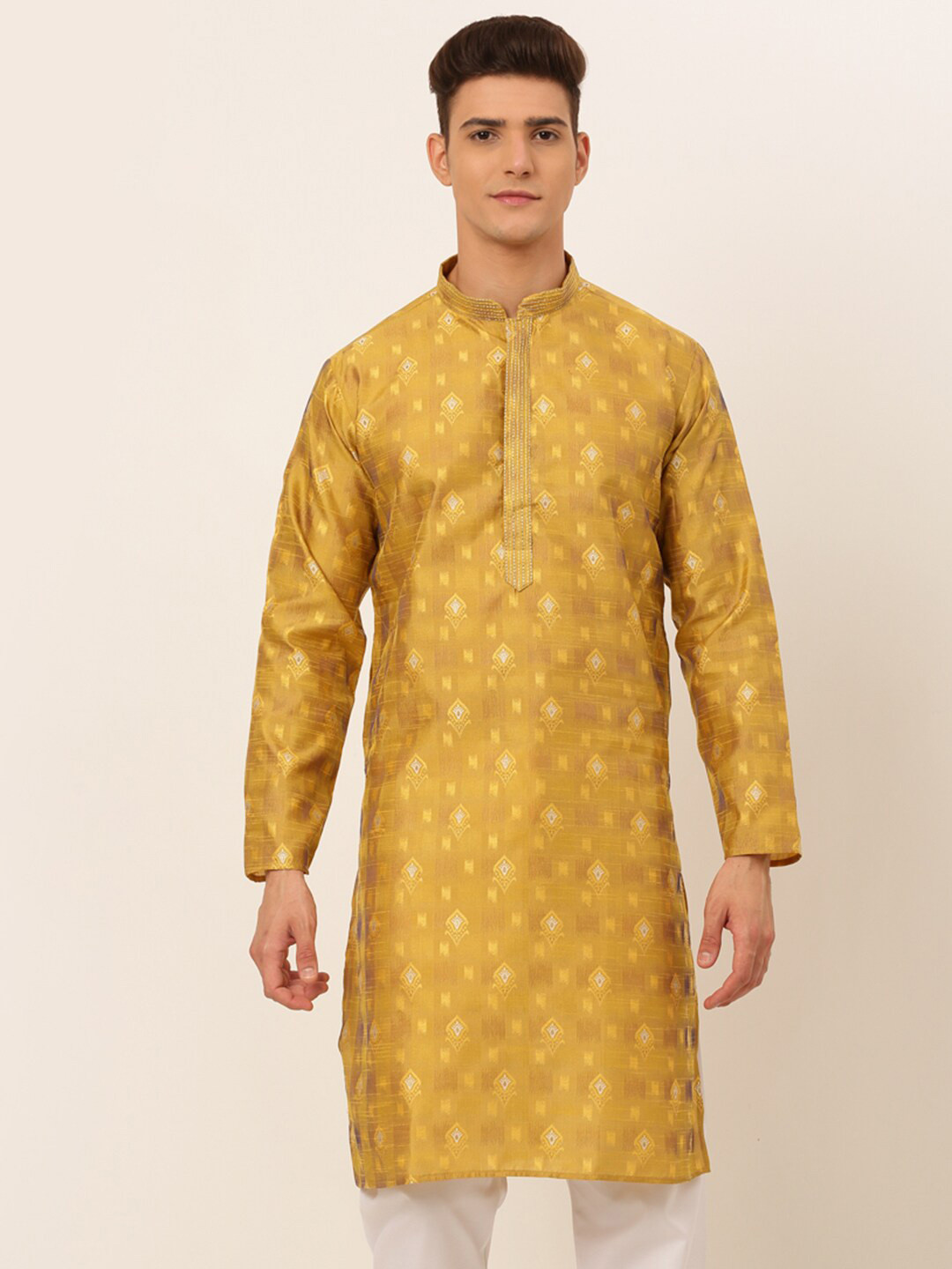 

Jompers Men Mustard Yellow Thread Work Jacquard Kurta