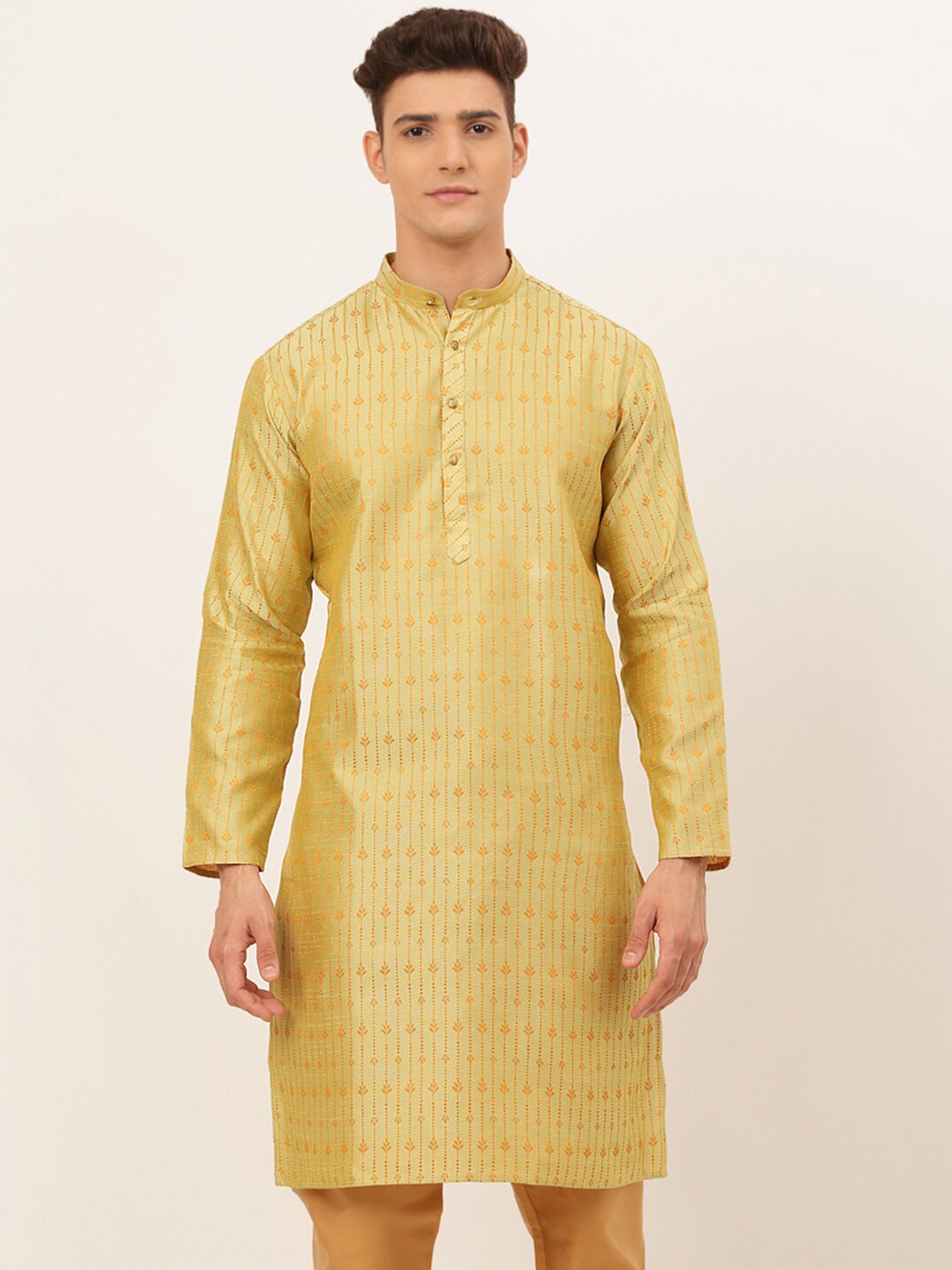 

Jompers Men Yellow Embroidered Jacquard Kurta